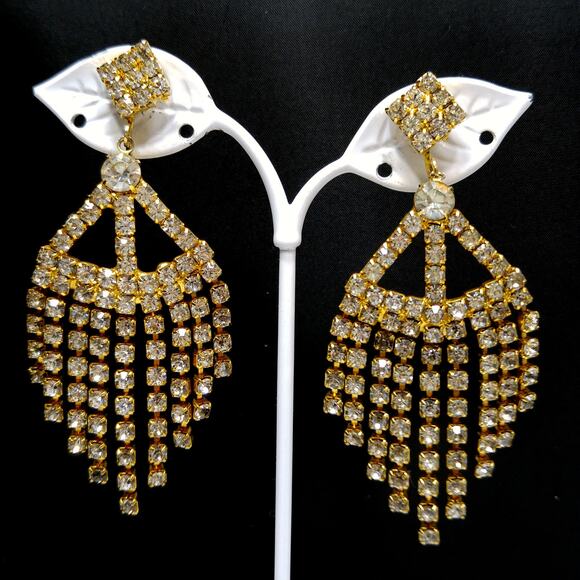 Vintage 1960s Rhinestone Long Dangle Clip Earrings, Gold Plated - Picture 3 of 10